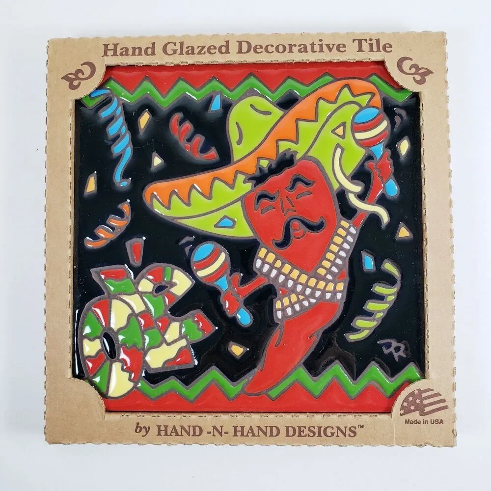 Paradie's Ole Red Chili Pepper Sombrero Hanging Decorative Tile Hand Glazed USA